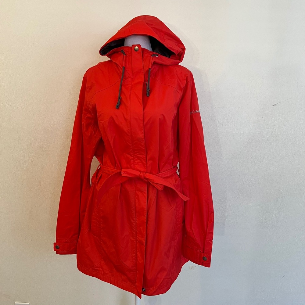 Columbia Red Hooded Rain Jacket Belted Trench Coat Parka Womens Large